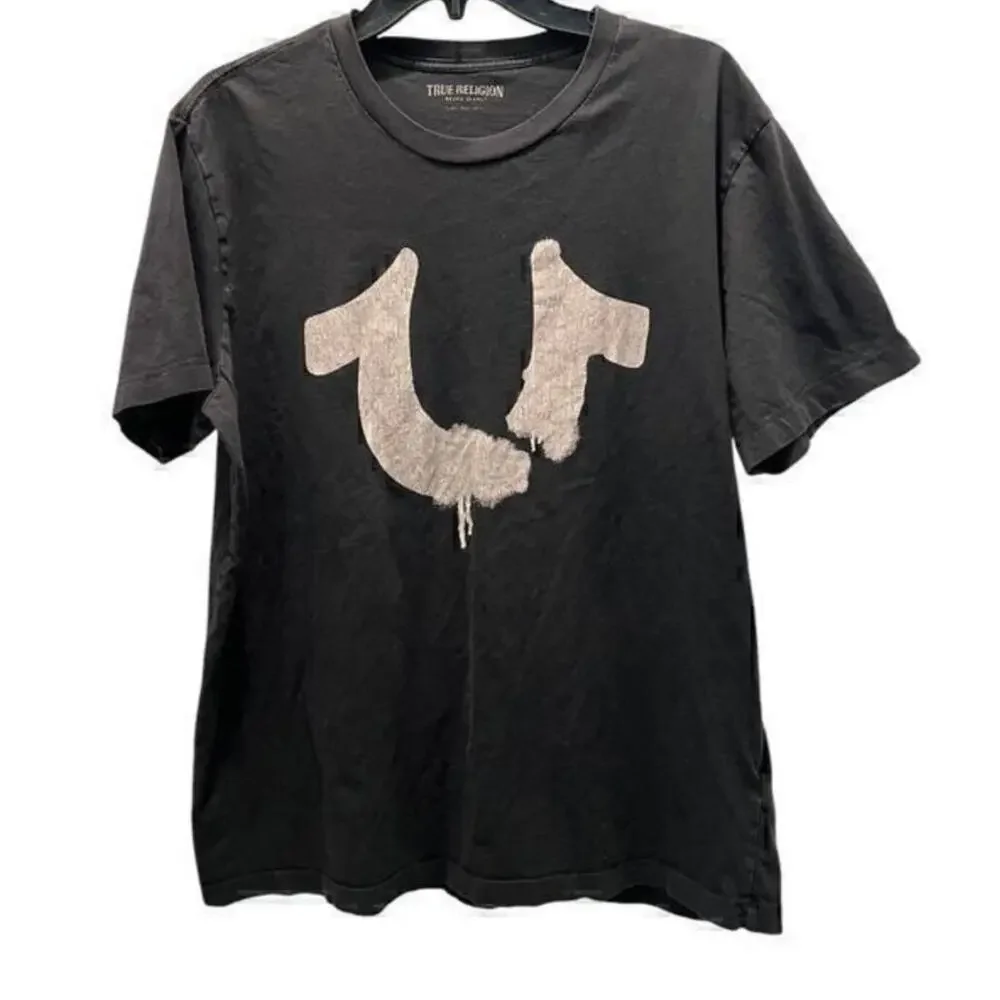 True Religion distressed black horseshoe back logo graphic tee sz L